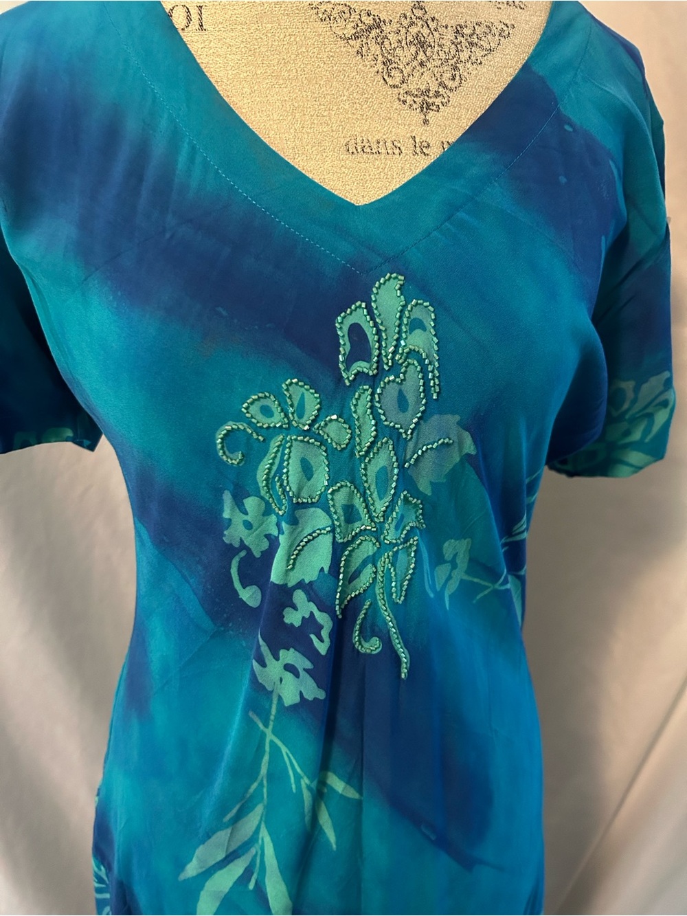 Blue Teal Floral Embroidered V-Neck Women's Summer Hawaiian Dress NWT
